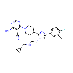 Cc1cc(-c2cn(CCNCC3CC3)c(C3CCN(c4ncnc(N)c4C#N)CC3)n2)ccc1F ZINC000218693035