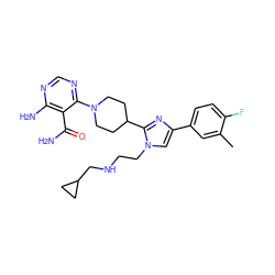 Cc1cc(-c2cn(CCNCC3CC3)c(C3CCN(c4ncnc(N)c4C(N)=O)CC3)n2)ccc1F ZINC000219734844