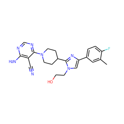 Cc1cc(-c2cn(CCO)c(C3CCN(c4ncnc(N)c4C#N)CC3)n2)ccc1F ZINC000218768277