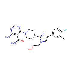 Cc1cc(-c2cn(CCO)c(C3CCN(c4ncnc(N)c4C(N)=O)CC3)n2)ccc1F ZINC000219118781