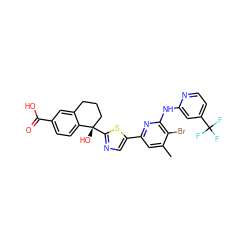 Cc1cc(-c2cnc([C@@]3(O)CCCc4cc(C(=O)O)ccc43)s2)nc(Nc2cc(C(F)(F)F)ccn2)c1Br ZINC000141919945