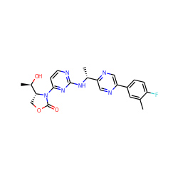 Cc1cc(-c2cnc([C@@H](C)Nc3nccc(N4C(=O)OC[C@@H]4[C@@H](C)O)n3)cn2)ccc1F ZINC000221665397