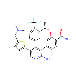 Cc1cc(-c2cnc(N)c(-c3ccc(C(N)=O)c(O[C@@H](C)c4ccccc4C(F)(F)F)c3)c2)sc1CN(C)C ZINC000084654423