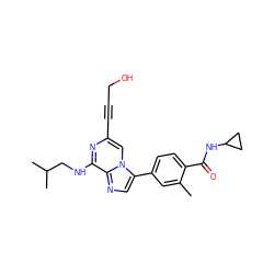 Cc1cc(-c2cnc3c(NCC(C)C)nc(C#CCO)cn23)ccc1C(=O)NC1CC1 ZINC000199083460