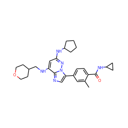 Cc1cc(-c2cnc3c(NCC4CCOCC4)cc(NC4CCCC4)nn23)ccc1C(=O)NC1CC1 ZINC000113900610