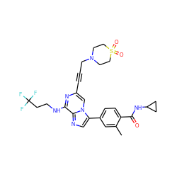 Cc1cc(-c2cnc3c(NCCC(F)(F)F)nc(C#CCN4CCS(=O)(=O)CC4)cn23)ccc1C(=O)NC1CC1 ZINC000146977698