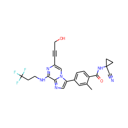 Cc1cc(-c2cnc3c(NCCC(F)(F)F)nc(C#CCO)cn23)ccc1C(=O)NC1(C#N)CC1 ZINC000199095727