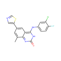 Cc1cc(-c2cncs2)cc2c(Nc3ccc(F)c(Cl)c3)[nH]c(=O)nc12 ZINC000299852057