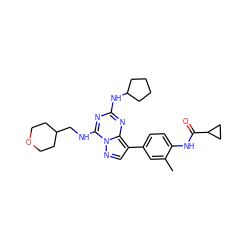 Cc1cc(-c2cnn3c(NCC4CCOCC4)nc(NC4CCCC4)nc23)ccc1NC(=O)C1CC1 ZINC000221953679