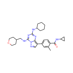 Cc1cc(-c2cnn3c(NCC4CCOCC4)nc(NC4CCCCC4)nc23)ccc1C(=O)NC1CC1 ZINC000221948350