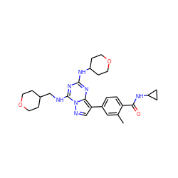 Cc1cc(-c2cnn3c(NCC4CCOCC4)nc(NC4CCOCC4)nc23)ccc1C(=O)NC1CC1 ZINC000221948134