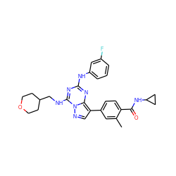 Cc1cc(-c2cnn3c(NCC4CCOCC4)nc(Nc4cccc(F)c4)nc23)ccc1C(=O)NC1CC1 ZINC000653863982