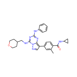 Cc1cc(-c2cnn3c(NCC4CCOCC4)nc(Nc4ccccc4)nc23)ccc1C(=O)NC1CC1 ZINC000221957283