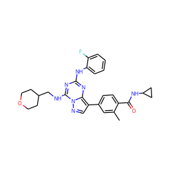 Cc1cc(-c2cnn3c(NCC4CCOCC4)nc(Nc4ccccc4F)nc23)ccc1C(=O)NC1CC1 ZINC000653903316