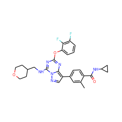 Cc1cc(-c2cnn3c(NCC4CCOCC4)nc(Oc4cccc(F)c4F)nc23)ccc1C(=O)NC1CC1 ZINC000221948212