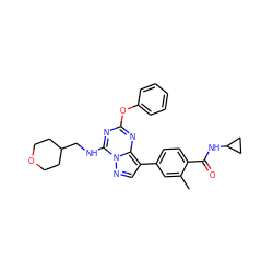 Cc1cc(-c2cnn3c(NCC4CCOCC4)nc(Oc4ccccc4)nc23)ccc1C(=O)NC1CC1 ZINC000213590970