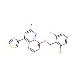 Cc1cc(-c2cscn2)c2cccc(OCc3c(Cl)cncc3Cl)c2n1 ZINC000043015669