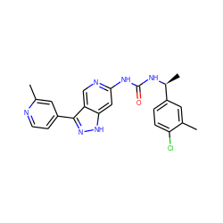 Cc1cc(-c2n[nH]c3cc(NC(=O)N[C@@H](C)c4ccc(Cl)c(C)c4)ncc23)ccn1 ZINC000219750818