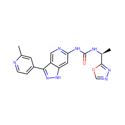 Cc1cc(-c2n[nH]c3cc(NC(=O)N[C@@H](C)c4nnco4)ncc23)ccn1 ZINC000261131711