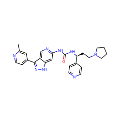 Cc1cc(-c2n[nH]c3cc(NC(=O)N[C@@H](CCN4CCCC4)c4ccncc4)ncc23)ccn1 ZINC000219761968