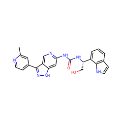 Cc1cc(-c2n[nH]c3cc(NC(=O)N[C@@H](CO)c4cccc5cc[nH]c45)ncc23)ccn1 ZINC000261123770