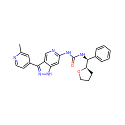 Cc1cc(-c2n[nH]c3cc(NC(=O)N[C@@H](c4ccccc4)[C@H]4CCCO4)ncc23)ccn1 ZINC000219769219