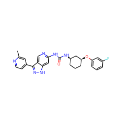 Cc1cc(-c2n[nH]c3cc(NC(=O)N[C@@H]4CCC[C@H](Oc5cccc(F)c5)C4)ncc23)ccn1 ZINC000219772201