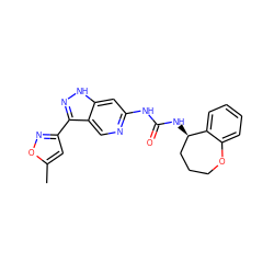 Cc1cc(-c2n[nH]c3cc(NC(=O)N[C@@H]4CCCOc5ccccc54)ncc23)no1 ZINC000219769499