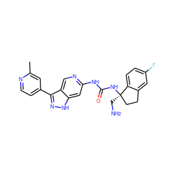 Cc1cc(-c2n[nH]c3cc(NC(=O)N[C@]4(CN)CCc5cc(F)ccc54)ncc23)ccn1 ZINC000219762140