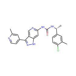 Cc1cc(-c2n[nH]c3cc(NC(=O)N[C@H](C)c4ccc(Cl)c(C)c4)ncc23)ccn1 ZINC000219750871