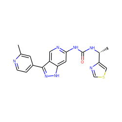 Cc1cc(-c2n[nH]c3cc(NC(=O)N[C@H](C)c4cscn4)ncc23)ccn1 ZINC000261147319