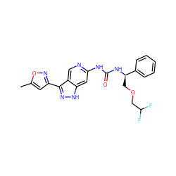 Cc1cc(-c2n[nH]c3cc(NC(=O)N[C@H](COCC(F)F)c4ccccc4)ncc23)no1 ZINC000261188261