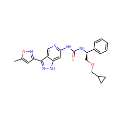 Cc1cc(-c2n[nH]c3cc(NC(=O)N[C@H](COCC4CC4)c4ccccc4)ncc23)no1 ZINC000261162816