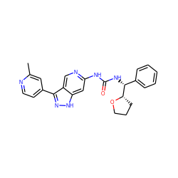 Cc1cc(-c2n[nH]c3cc(NC(=O)N[C@H](c4ccccc4)[C@@H]4CCCO4)ncc23)ccn1 ZINC000261141034