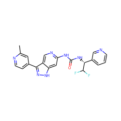 Cc1cc(-c2n[nH]c3cc(NC(=O)N[C@H](c4cccnc4)C(F)F)ncc23)ccn1 ZINC000261171168