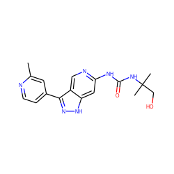 Cc1cc(-c2n[nH]c3cc(NC(=O)NC(C)(C)CO)ncc23)ccn1 ZINC000261189029