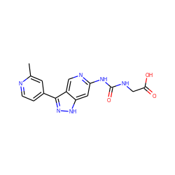 Cc1cc(-c2n[nH]c3cc(NC(=O)NCC(=O)O)ncc23)ccn1 ZINC000261192005