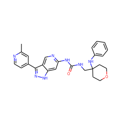 Cc1cc(-c2n[nH]c3cc(NC(=O)NCC4(Nc5ccccc5)CCOCC4)ncc23)ccn1 ZINC000261179379