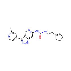 Cc1cc(-c2n[nH]c3cc(NC(=O)NCCC4=CCCC4)ncc23)ccn1 ZINC000219745956