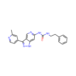 Cc1cc(-c2n[nH]c3cc(NC(=O)NCCc4ccccc4)ncc23)ccn1 ZINC000205437030