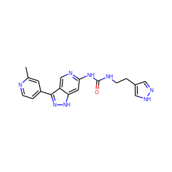 Cc1cc(-c2n[nH]c3cc(NC(=O)NCCc4cn[nH]c4)ncc23)ccn1 ZINC000261102355