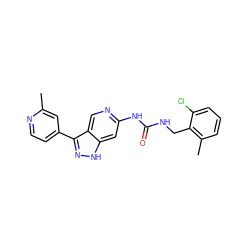 Cc1cc(-c2n[nH]c3cc(NC(=O)NCc4c(C)cccc4Cl)ncc23)ccn1 ZINC000219763109