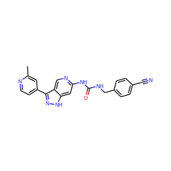 Cc1cc(-c2n[nH]c3cc(NC(=O)NCc4ccc(C#N)cc4)ncc23)ccn1 ZINC000261177970