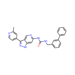 Cc1cc(-c2n[nH]c3cc(NC(=O)NCc4cccc(-c5ccccc5)c4)ncc23)ccn1 ZINC000219763636