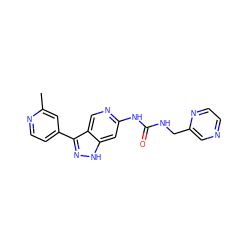 Cc1cc(-c2n[nH]c3cc(NC(=O)NCc4cnccn4)ncc23)ccn1 ZINC000205447388