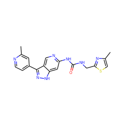 Cc1cc(-c2n[nH]c3cc(NC(=O)NCc4nc(C)cs4)ncc23)ccn1 ZINC000261175849