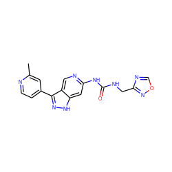 Cc1cc(-c2n[nH]c3cc(NC(=O)NCc4ncon4)ncc23)ccn1 ZINC000261139924