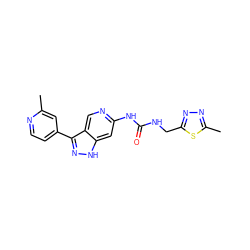 Cc1cc(-c2n[nH]c3cc(NC(=O)NCc4nnc(C)s4)ncc23)ccn1 ZINC000261180535