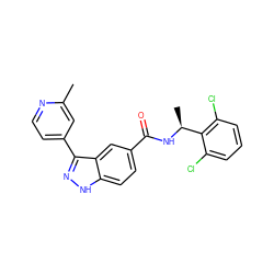 Cc1cc(-c2n[nH]c3ccc(C(=O)N[C@@H](C)c4c(Cl)cccc4Cl)cc23)ccn1 ZINC000653847546