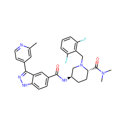 Cc1cc(-c2n[nH]c3ccc(C(=O)N[C@@H]4CC[C@@H](C(=O)N(C)C)N(Cc5c(F)cccc5F)C4)cc23)ccn1 ZINC000144931204